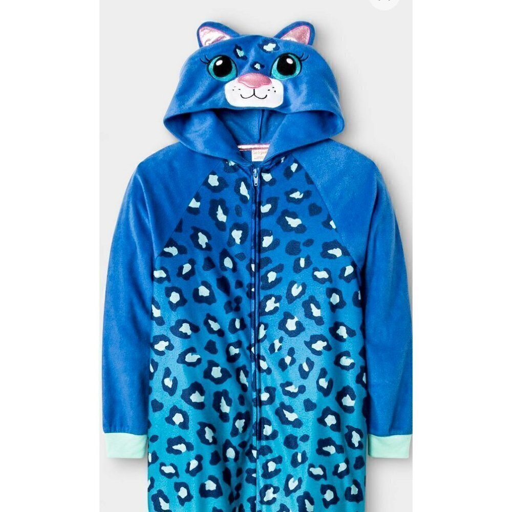 Cat And Jack Girls Spotted Dino Hooded One Pc Fleece Pajamas size L(10-12) - Picture 2 of 7